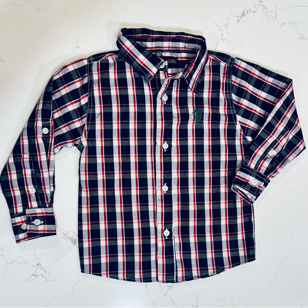 US Polo Association Red, White and Blue Plaid 3T Long Sleeve Shirt